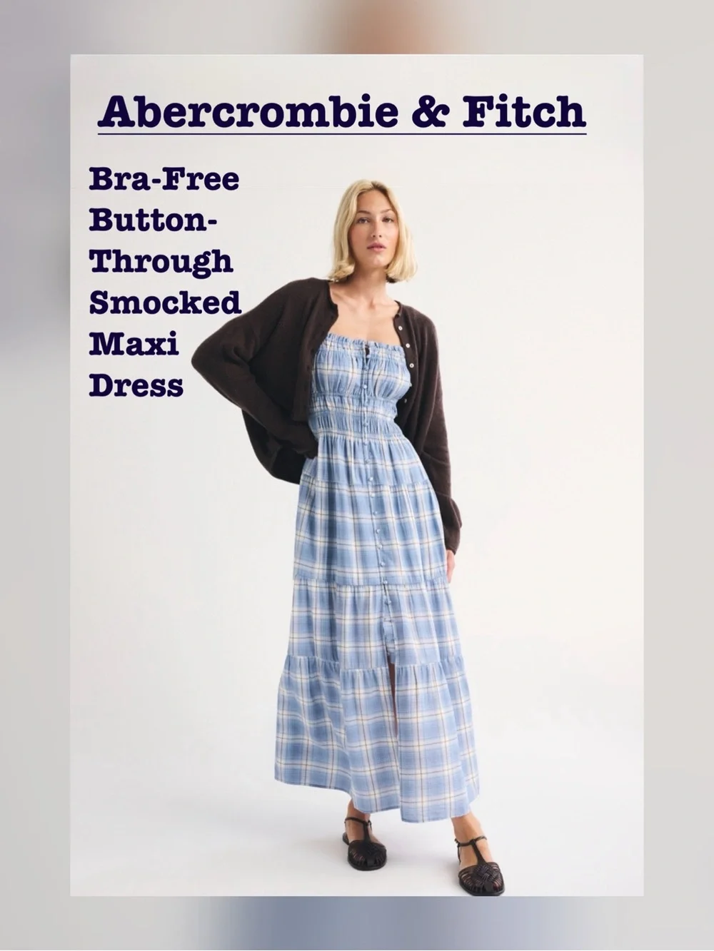 Abercrombie & Fitch Light Blue Plaid Smocked Maxi Dress
